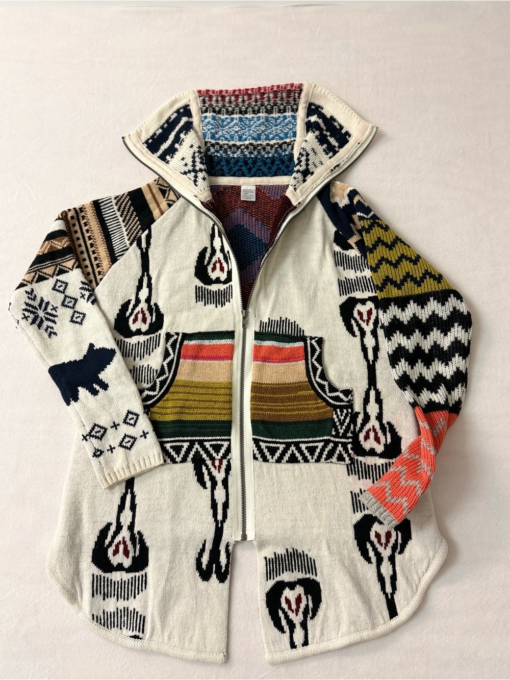 Desigual Patchwork Southwestern Skull Full Zip Cardigan Sweater Small